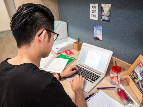 student working on laptop at their desk